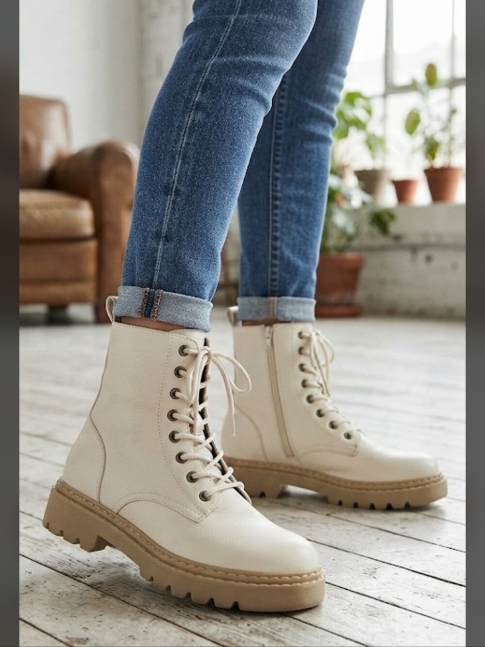 Lucky‎ Brand Cream Combat Boots Size 37  USA 6.5